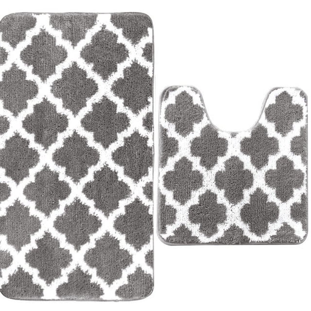 Ensembles de Tapis et Carpettes de Salle de Bain avec Rideau de Douche, Comprenant une Combinaison de 2 Pcs en Tissu Flanelle Gris avec Dessous Distributeur. Comprend un Tapis Piédestal et une Housse de Toilette avec un design Doux et Antidérapant et un Motif Trèfle Blanc. Convient à l'Utilisation en Salle de Bain, Offrant une Résistance au Glissement et une absorption d'Eau.