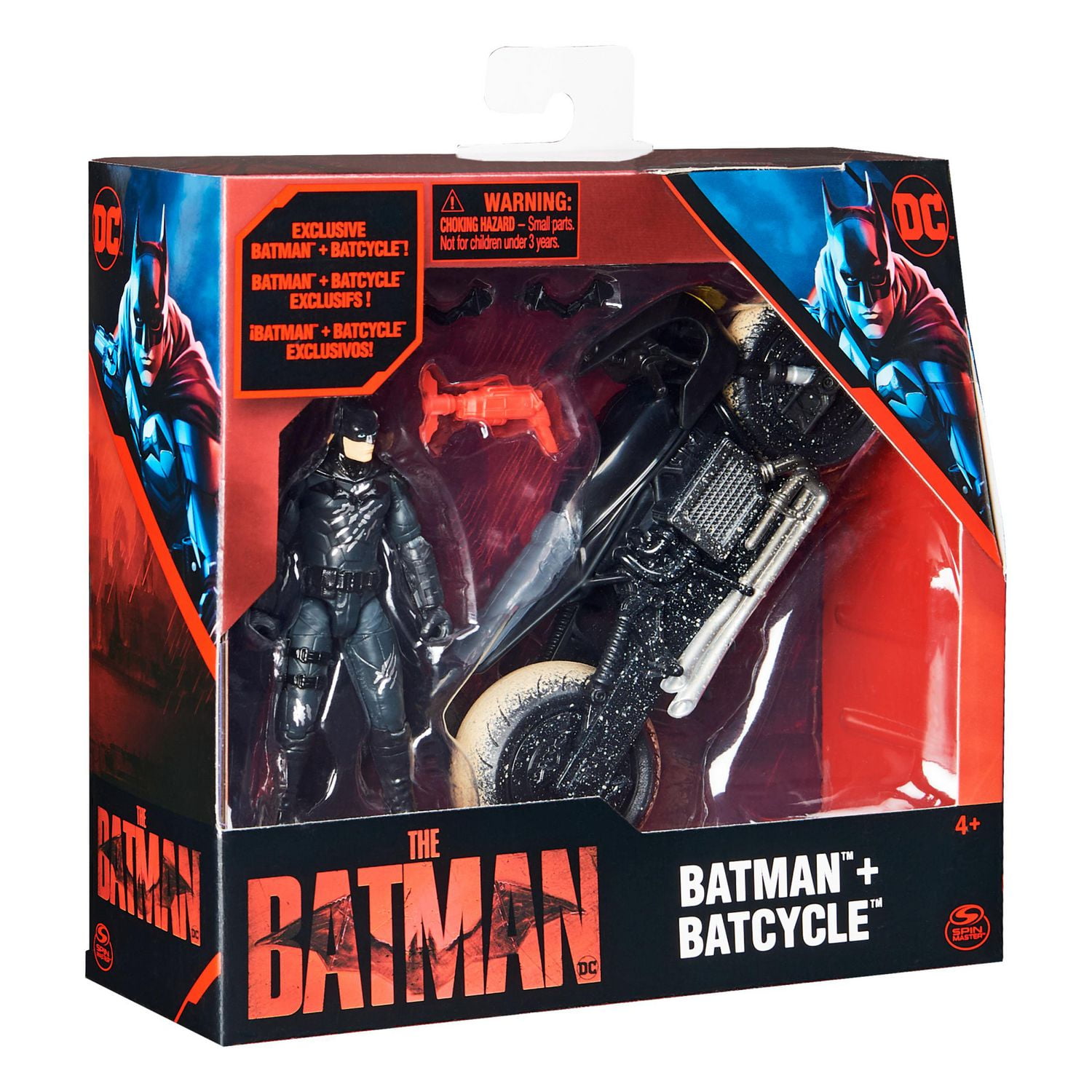 DC Comics, Coffret Batman Batcycle, Figurine Batman exclusive de 10 cm, Véhicule Batcycle, 3 accessoires, Pièce à collectionner du film Batman, Jouet pour garçons et filles à partir de 4 ans