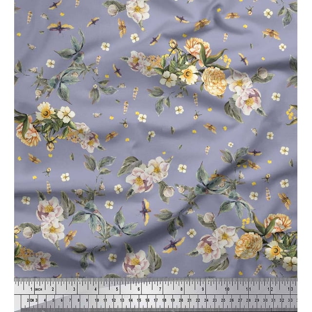 Soimoi Moss Georgette Fabric Leaves,Moth & Magnolia Floral Decor Fabric Printed Yard 42 Inch Wide