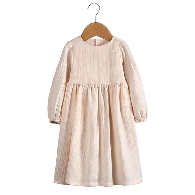 RXIRUCGD Girls' Long Sleeved Solid Color Princess Dress Round Neck Princess Bow Skirt, Beige, Size: 6 Years