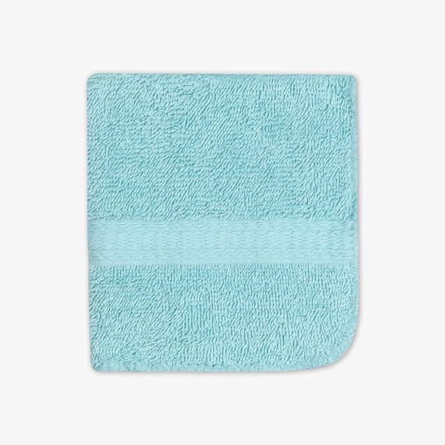 Mainstays Basic Washcloth in light blue, 12 by 12 inches, made of 100% cotton with a plush terry texture and a woven band detail, suitable for daily bathroom use and gentle on skin.