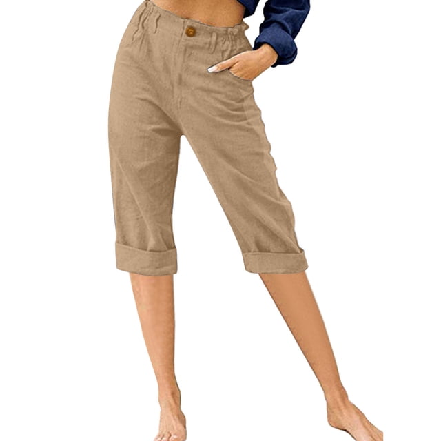 Innerwin Cropped Pant High Waist Women Capri Pants Beach Button Lounge Capris Khaki XL