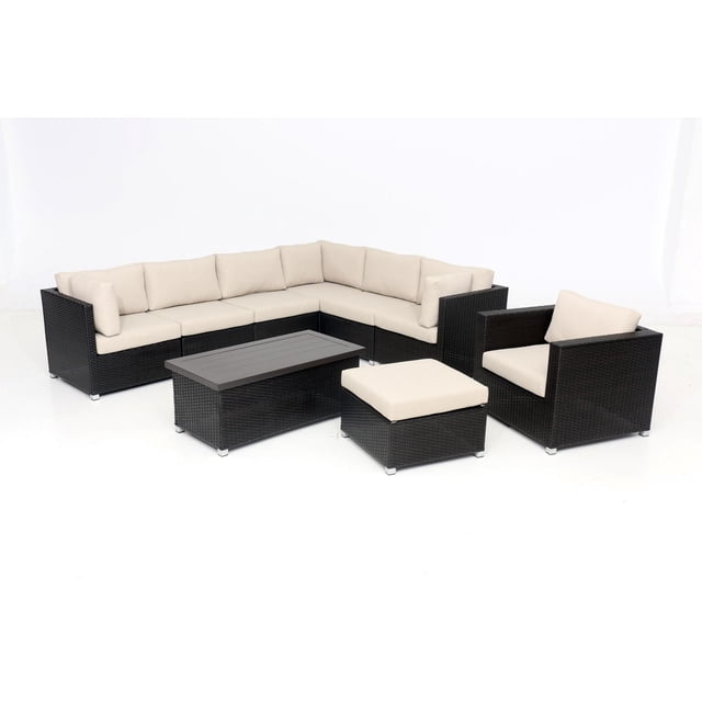 Innesbrook Collection 9-Piece Aluminum Patio Conversation Set with Tan Cushions featuring a modular L-shaped sectional sofa, armchair, ottoman, and coffee table with rust-resistant black PE resin wicker frames and five-inch thick tan cushions, suitable for outdoor patio seating and lounging.