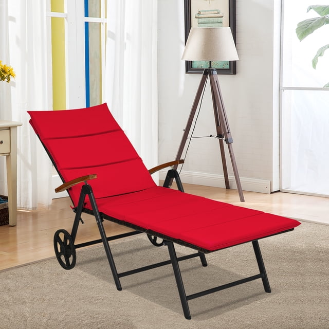 Gymax Chaise Longue Pliante en Rotin pour Patio en Aluminium avec Roue et Coussin Rouge