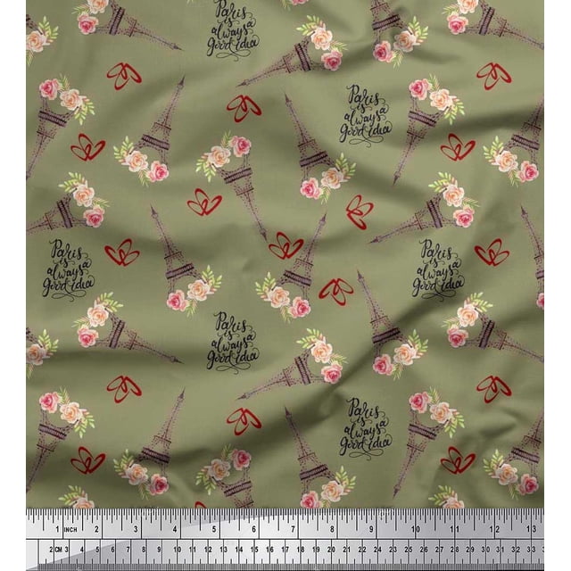 Soimoi Moss Georgette Fabric Text,Floral & Eiffel Tower Architectural Print Sewing Fabric Yard 42 Inch Wide