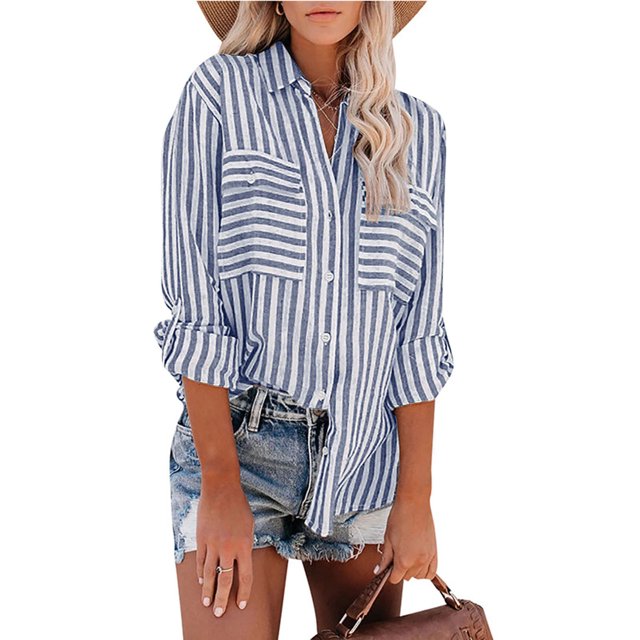 DPTALR Women's Tops Striped Printed Single Breasted Long Sleeve Shirt Cotton Linen Tops