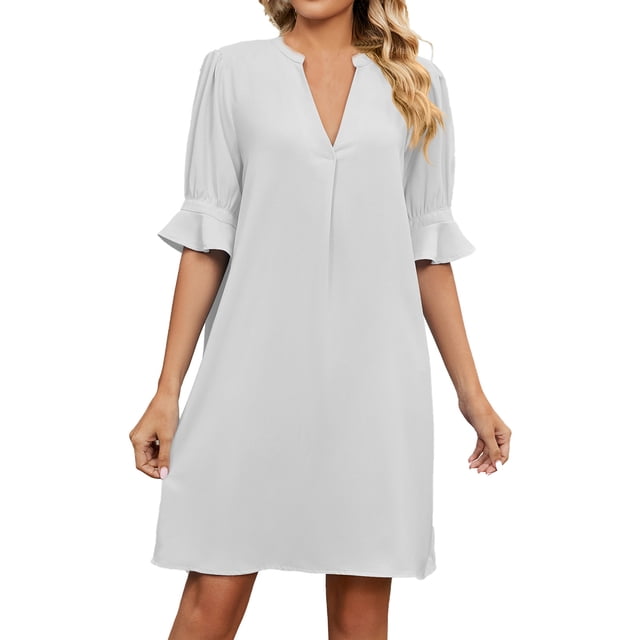 Robes Formelles pour Femmes Col en V à Volants Manches 1/2 Robe Midi Élégante Été Tenue de Bureau Décontractée Robe Courte Unie
