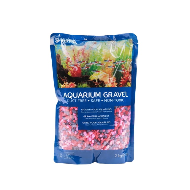 Marina Jelly Bean Decorative Epoxy Aquarium Gravel 2 kg in a blue resealable bag with dust-free, epoxy-coated gravel in pink, red, and black colors, suitable for fresh and saltwater aquariums, supporting beneficial bacteria for biological filtration and clear water.