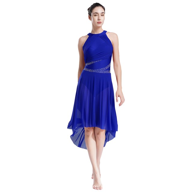 RUNQHUI Costume de Danse Lyrique pour Femme Robe Asymétrique Froncée avec Strass Justaucorps à Jupe de Danse Moderne Bleu TG