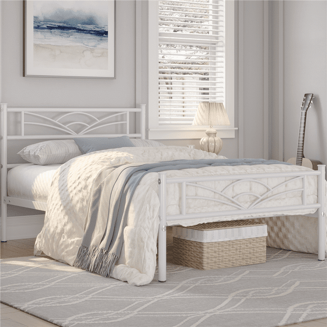 Fullfurnique Metal Platform Bed Frame with Cloud Inspired Design Headboard, twin size in white metal, featuring a curved cloud-like headboard and footboard, sturdy support legs, and under-bed storage with woven baskets, shown in a bright bedroom with white and blue bedding, beside a window with white blinds and a table lamp.