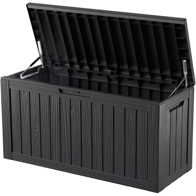 80 Gallon Resin Deck Box, Lockable Patio Outdoor Storage Box in black with a spacious 80-gallon capacity. Designed for patio storage and outdoor organization, it features durable waterproof resin construction with UV-resistant properties to prevent fading or cracking. The box has a wood-grain texture and doubles as a patio seat or side table. The lid is shown open, revealing ample interior storage space for garden tools, cushions, or pool accessories. Dimensions are 46.26 inches by 18.7 inches by 23.23 inches.