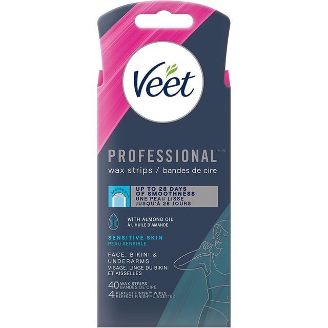Veet Professional wax strips for face, bikini, and underarms with EasyGrip tab and almond oil infusion for sensitive skin, delivering up to 28 days of smoothness, includes 40 wax strips and 4 perfect finish wipes for expert hair removal at home.