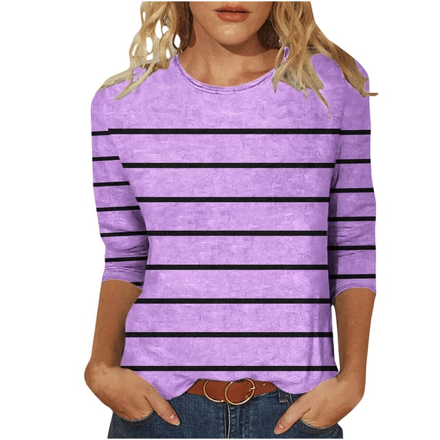 Blouses pour Femmes T-shirt Imprimé Mi-Long Manches 3/4 Blouse Col Rond Hauts Décontractés