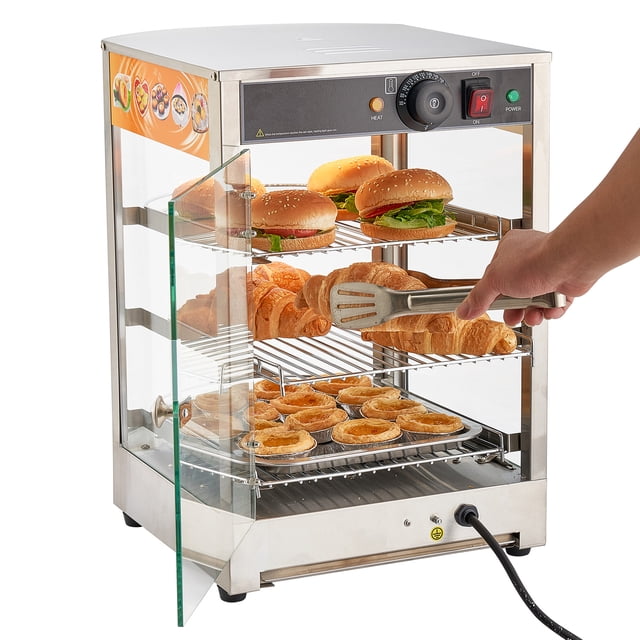 KFFKFF 3-Tier Commercial Food Warmer Display, 800W Food Display Warmer with LED Light, Adjustable Shelf and Stainless Steel Frame, 86℉~185℉ Air Heating, 60L