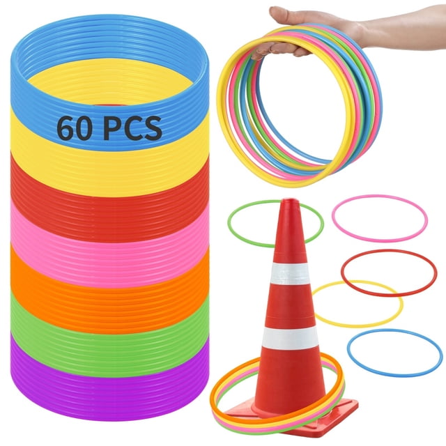 60 PCS Large Plastic Rings, 7 Inches Assorted Color Toss Rings in vibrant multicolors including red, yellow, green, blue, pink, purple, and orange. The rings are stacked neatly, with some shown in use around a red cone and others held in hand. Perfect for ring toss games, carnival games, backyard lawn activities, and speed and agility practice.