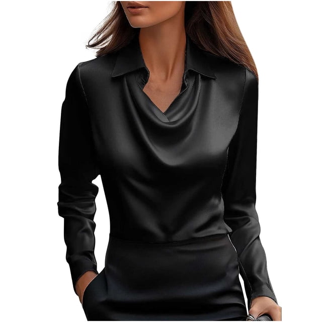 Yanlir Chemisier Haut à Revers en Satin Uni pour Femme, Printemps Automne, Col Rond, Mode Décontractée, Blouse à Boutons, Chemise Confortable pour le Bureau, le Travail, le Port Quotidien (Black#1,L)