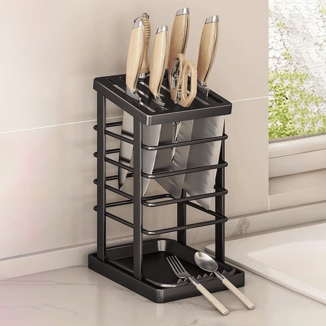 Aufmer Countertop Knife Storage Rack, Stainless Steel Knife Holder with Drainage Tray, Integrated Kitchen Knife Block for Multiple Blades