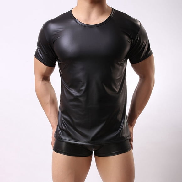 Lefu Men Wet Look Faux Leather Round Neck Short Sleeve Top T-Shirt Tights Shirts Club