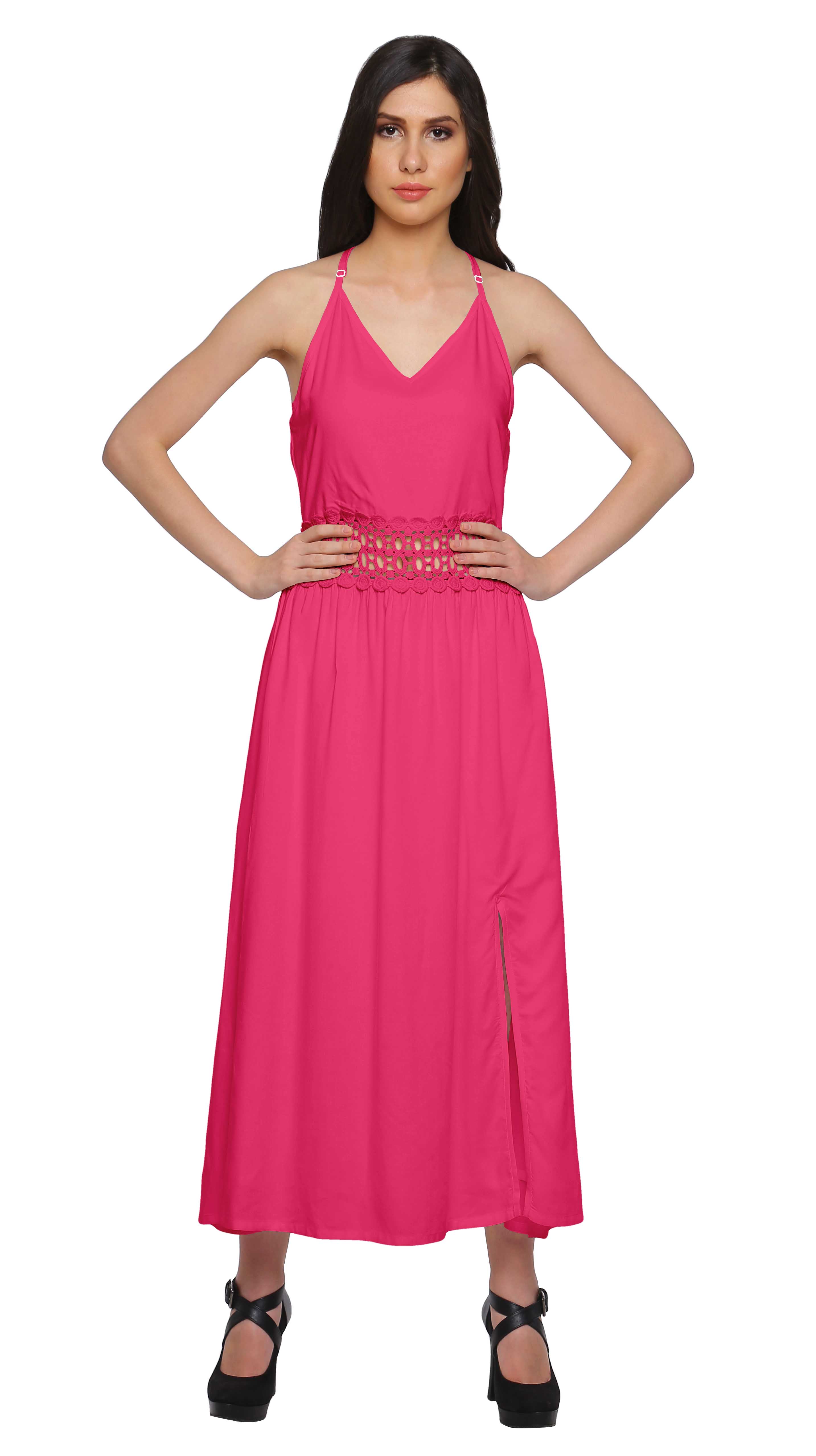 Moomaya Robe Maxi Sans Manches pour Femmes avec Garniture en Dentelle à Bretelles Spaghetti Tenue d'Été