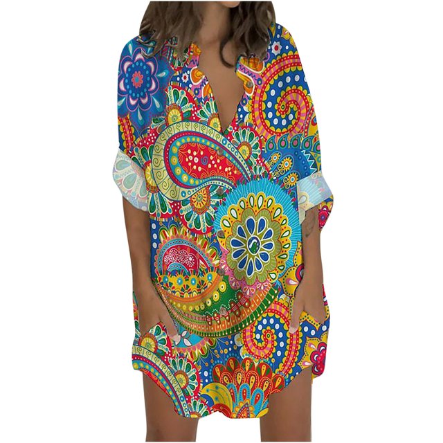 PEZHADA Robes pour Femmes Grande Taille Robes Chemise Décontractées Mode Femmes Imprimé Manches Longues Bouffantes Robe à Col en V Robe Midi Rouge
