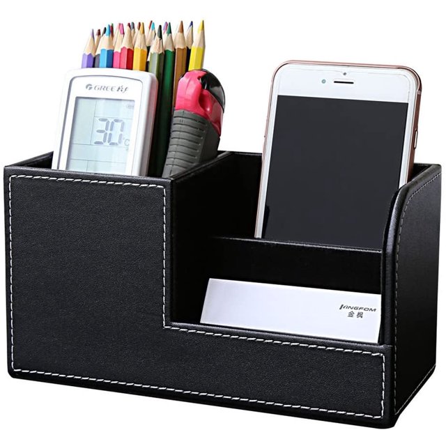 KINGFOM Pu Leather Desktop Organizer Pen Container with Drawer, Multi-Function School Office Supplies Storage Box for Keys, Pen/Pencil, Cellphone, Business Cards, Paper, Remote Control Holder Sky Blue