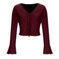 thumbnail image 4 of Plebaso Women's Spring Summer Tops Crop Bell Long Sleeve Ribbed Shirts V Neck Drawstring Casual Knit Tee, 4 of 6
