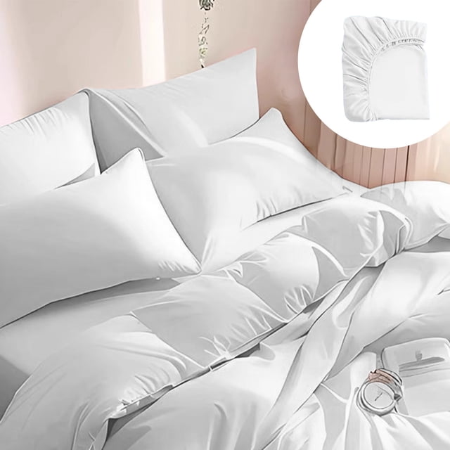 Qocolhg Disposable Queen Comforter Set - 4 Pieces Bed Set, Non-woven Bedding Sets for All Season, Portable Double Bedding Quilt Sheet, Including 1 Bed Cover, 2 Pillowcases, 1 Fitted Bed Sheets, White