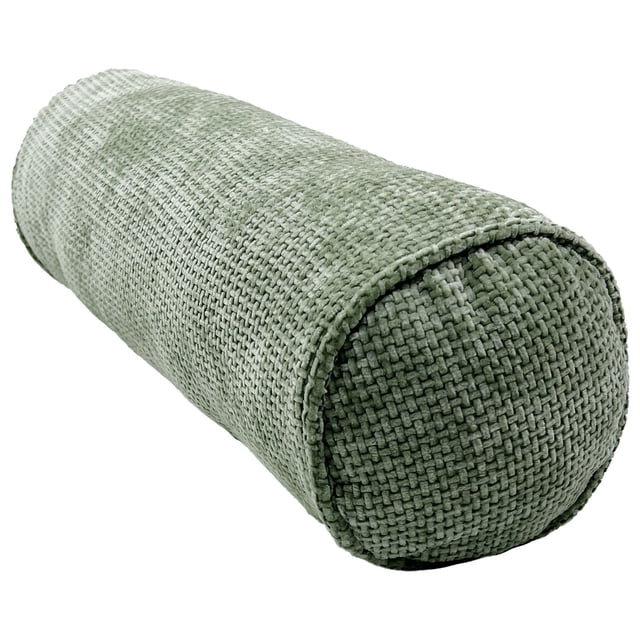 Hometrends Sage Bolster Pillow shown in a close-up angled view, cylindrical with textured sage green plush velvet cover and stitched circular ends, sized 20 in. x 7 in., ideal for lumbar support or adding texture to home décor, also suitable for curling up on sofas or beds.