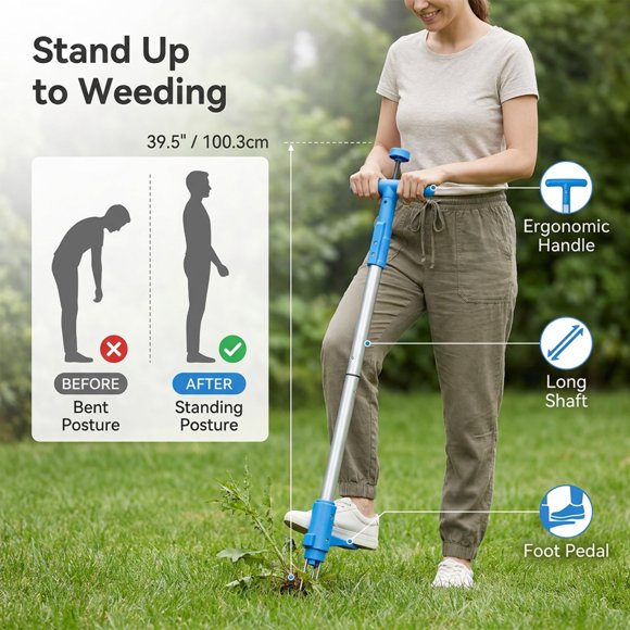 Premium 40in Stand-Up Weed Puller, Long Handle Manual Garden Weeding Tool, 3-Claw Root Grab Design, Ergonomic No-Bend Upright Weeder, Ideal for Yard, Lawn and Garden (1 Pack)