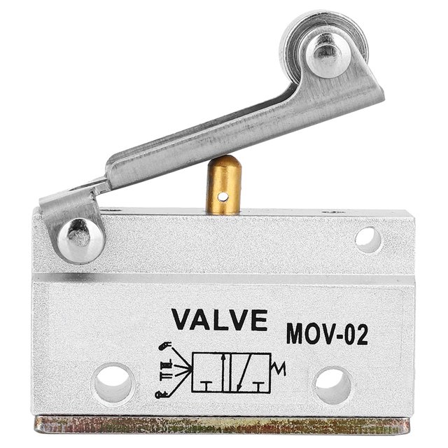 MOV-02 G1/8 Thread Roller Lever Air Pneumatic Mechanical Valve with an aluminum alloy body, designed for controlling air direction through external mechanical force. Features a compact, lightweight structure with good airtightness and stable performance. Suitable for mechanical equipment, textile equipment, medical devices, and food processing. Maximum working pressure of 0.8MPa and a working temperature range of 0-70°C.