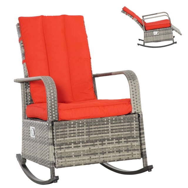 Outsunny Wicker Rocking Chair with Soft Cushion Adjustable Footrest Red