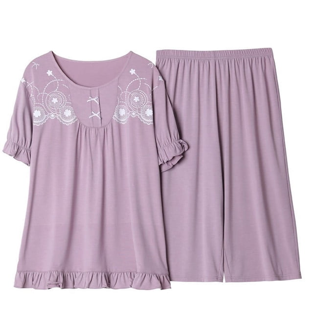 Birdeem Womens Summer Two Piece Set Short Sleeve Round Neck Pajama Set Printed Tops Pants Set