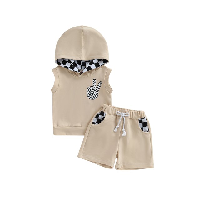 Gupgi 2PCS Baby Boy Summer Clothes Sleeveless Plaid Hooded Tank Tops+Shorts Set