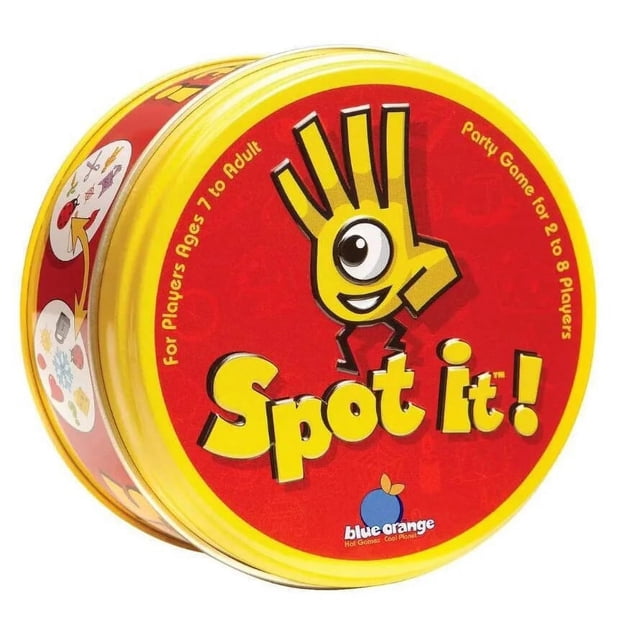 Cartes Dobble, Repérez-le! Jouet de Jeu pour Enfants dans une Boîte Métallique Rouge avec un logo de Main Jaune et un Texte Audacieux. Ce Jeu de Cartes Comprend 30-55 Cartes en PVC avec des Thèmes comme les Animaux, les sports et la Musique, Conçu pour 7 Ans et Plus. Emballé dans une Boîte en Fer durable avec des instructions en Papier, Il Est Idéal pour les Soirées de Jeux en Famille et le Divertissement des Enfants.