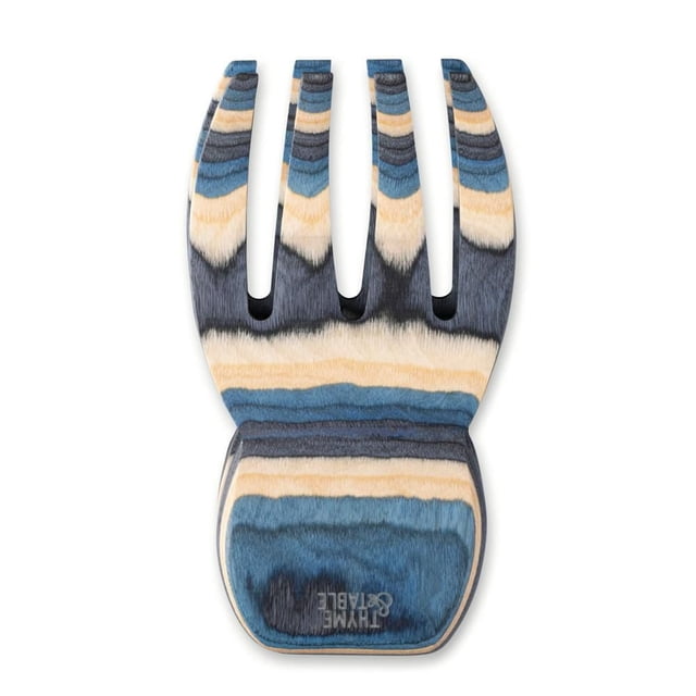 Thyme & Table 2-Piece Pakka Wood Salad Hand Set, Blue, showing one ergonomic salad hand with four prongs made from layered Pakka wood in blue, beige, and dark gray stripes, suitable for serving salads and pasta.