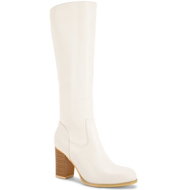 Unique Bargains Bottes à Talon Bloc Hauteur Genou Bout Rond pour Femmes Crème (Taille 10)