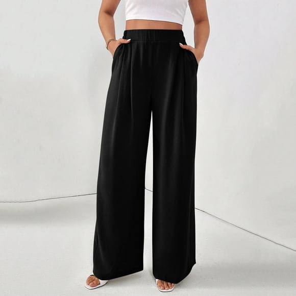 Mceream Suit Pants for Womens Solid Color High Rise Pockets Trousers Loose Lightweight Straight Leg Business Casual Pant Black XXL