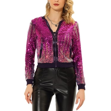 INSPIRE CHIC Women's Halloween Sequin Jacket Shiny Ombre Long Sleeve Zipper Sparkle Party Bomber Jackets XS Fuchsia