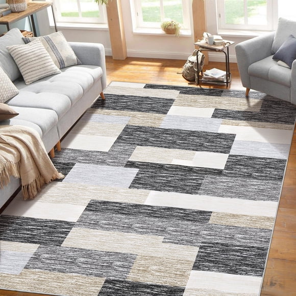 HOMERRY 4' x 6' Modern Geometric Plaid Area Rug for Living Room Non Slip Washable Carpet, Gray