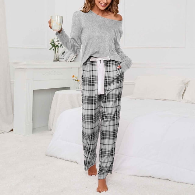 LSLJS Ensembles de Pyjama pour Femmes Mode Décontractée Manches Longues Confortable Ensemble à Carreaux Chandail Hauts Blouse Cadeaux pour Hommes