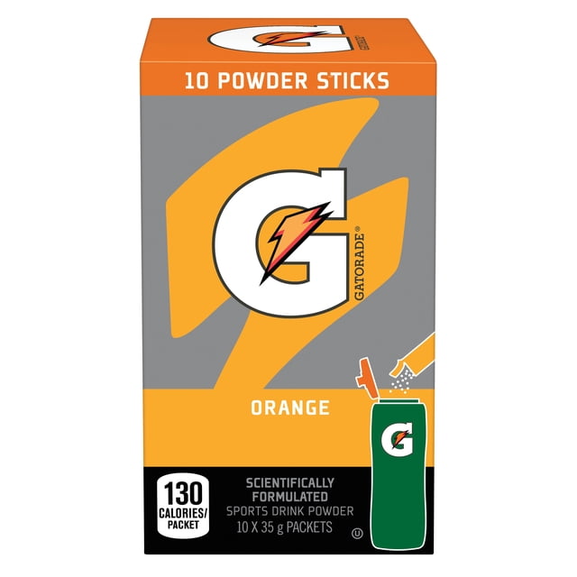 Gatorade Poudre de Boisson Sportive Orange 10 x 35 g Sachets Boîte avec un Grand logo g Blanc et Éclair Orange sur Fond Gris et Orange, Étiqueté 10 Bâtonnets de Poudre et 130 calories par Sachet, Présentant une illustration de Poudre Versée dans une Bouteille Gatorade Verte, Convient pour Réhydrater et Reconstituer les Électrolytes pendant le Sport.