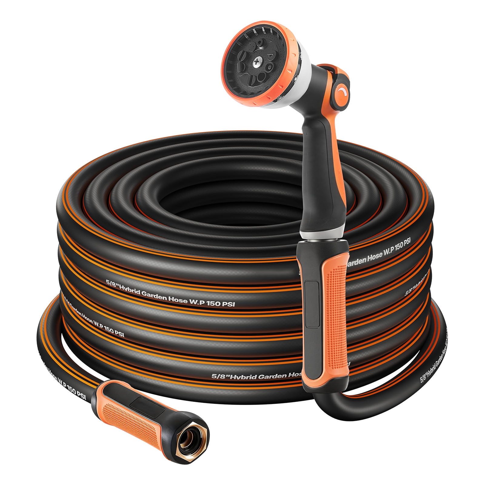 KFFKFF Garden Hose, 150 ft 5/8" Heavy Duty Rubber Water Hose with 10 Mode Nozzle, 150PSI Working & 600PSI Burst, Flexible & Non-kink Outdoor Waterhose with 3/4" Fitting