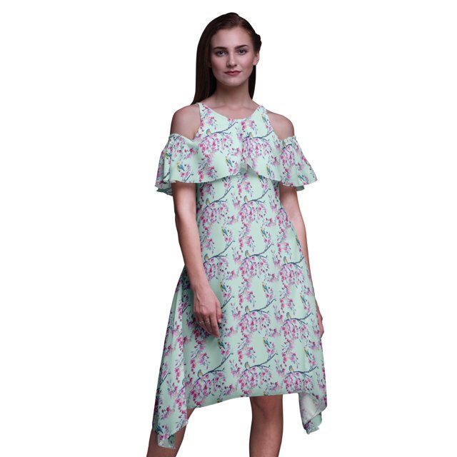 Bimba Robe Midi Évasée pour Femmes à Épaules Dénudées, Vert, Imprimé Aquarelle, Manches Volantées - Moyen