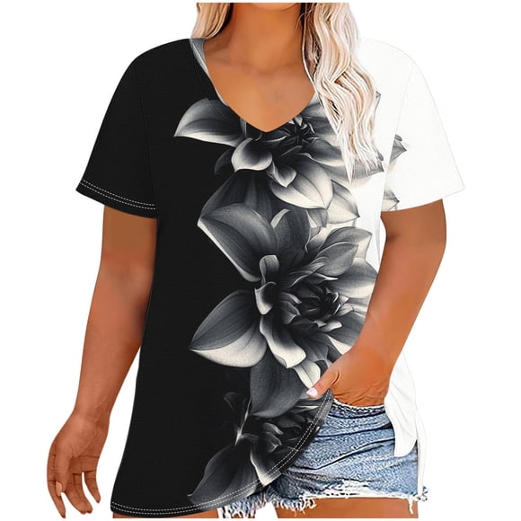 yoeyez Trendy Tops for Womens, Womens Plus Size Short Sleeve Blouse V Neck Casual Loose Tops Vintage Fashion Print T-Shrits Trendy Going Out Blouses Limited Time Deals Black 2XL