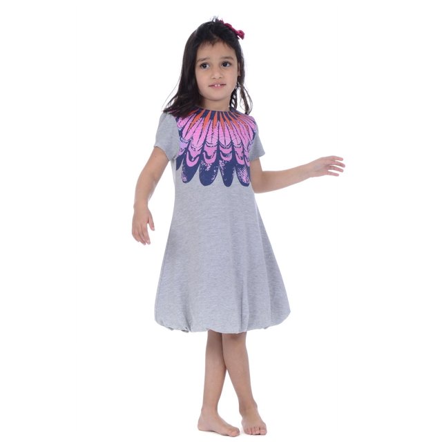 Kidsy Jupe à Bulles pour Filles Robe en Coton Péruvien &8211; Col Rond, Manches Courtes, Gris Chiné, 6