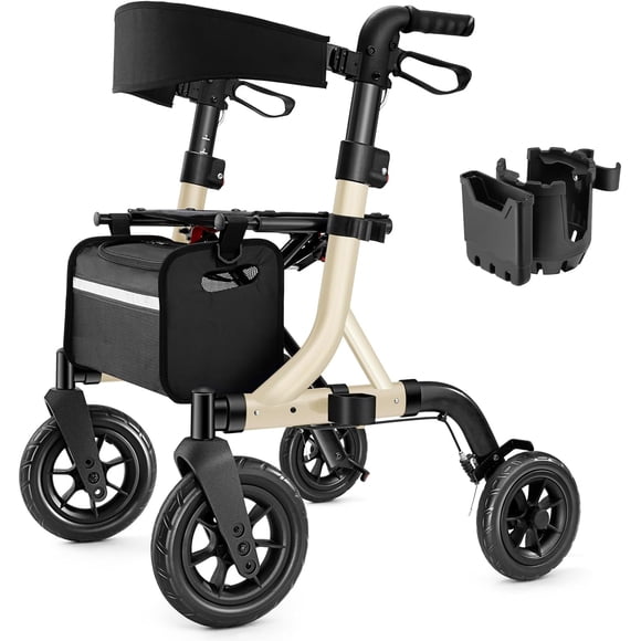 Walkers for Seniors, Rollator Walker with Seat, 10" Rubber Wheels All Terrain Rollator Walker with Backrest, Aluminum Walkers Built-in Cable, Foldable and Adjustable Height for Seniors, Gold