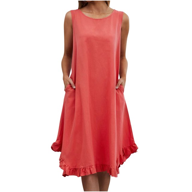AherBiu Robe Midi Basique Décontractée d'Été pour Femmes en Coton et Lin Sans Manches à Col Ras du Cou avec Volants et Poches