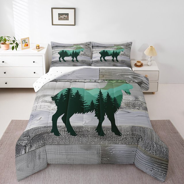 Goat Toddler Bedding Set, Wooden Plank Hunting Animals Soft Bed Set For Sofa, Green Trees Wildlife Rustic Breathable Down Comforter For Kids Teens, Mountains Safari Cozy Duvet Insert