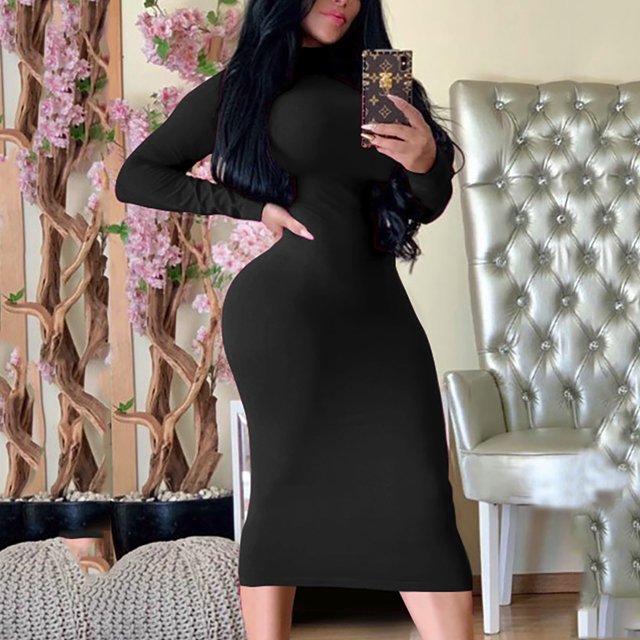 Gspmoly Robes d'Été, Mode Femme Robe Longue Ajustée à Col Montant à Manches Longues Robe de Couleur Unie Robes de Vacances pour Femmes Liquidation