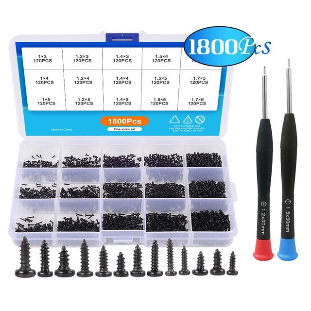 1800Pcs Self Tapping Mini Electronic Screw Assortment Wood Screws Set M1-M1.7 Black